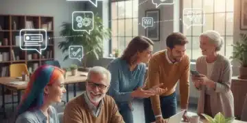 Diverse generations conversing, bridging communication gaps in a modern setting