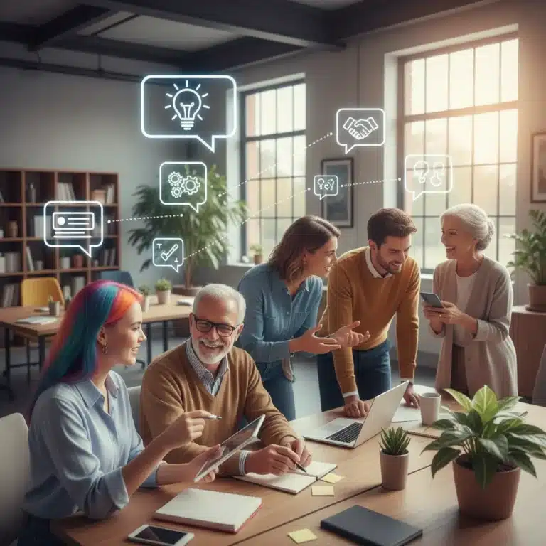 Diverse generations conversing, bridging communication gaps in a modern setting