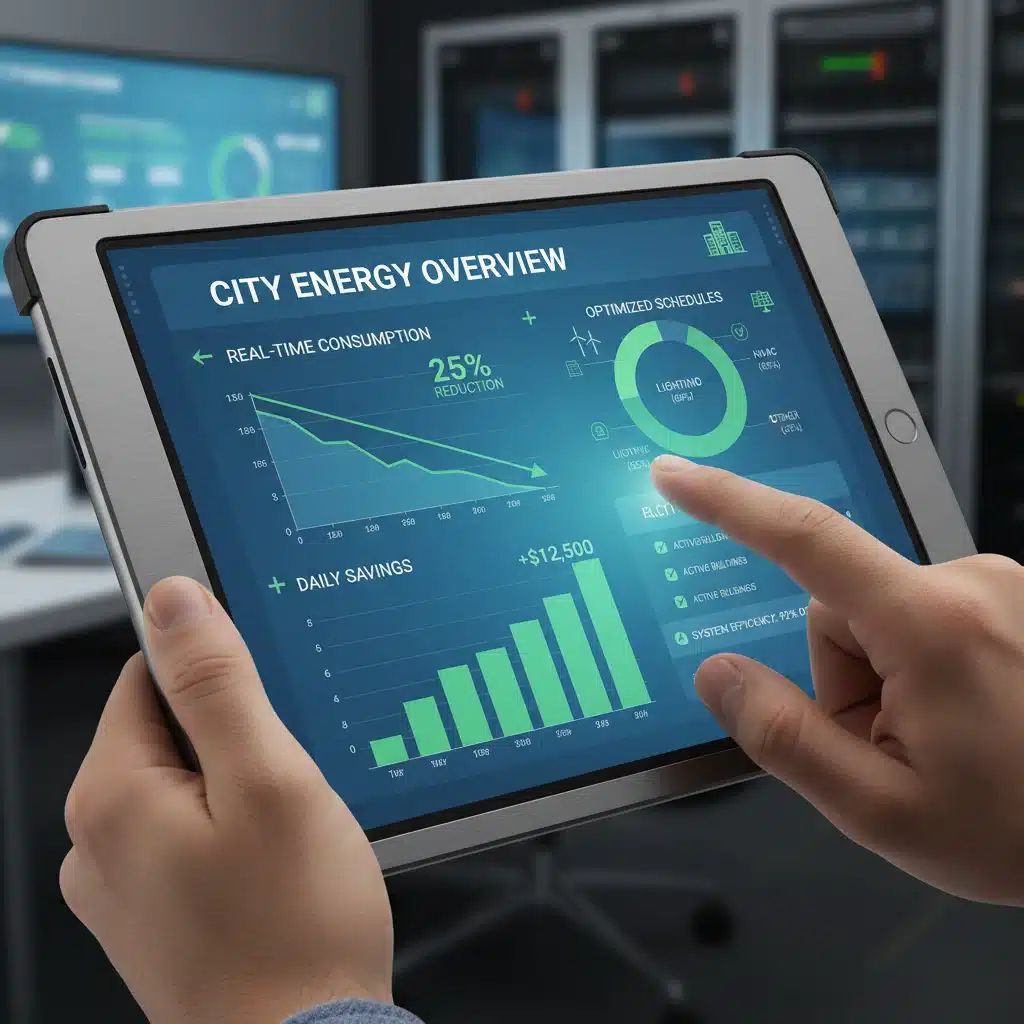 Real-time energy management dashboard displaying consumption data and optimization metrics for urban infrastructure.