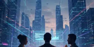 Policymakers discussing ethical challenges of emerging technologies against a futuristic digital city backdrop.
