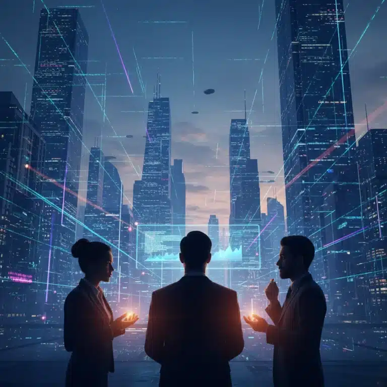 Policymakers discussing ethical challenges of emerging technologies against a futuristic digital city backdrop.