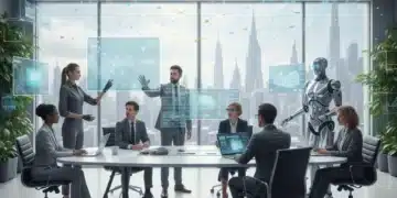 Futuristic office with diverse tech professionals and AI collaboration