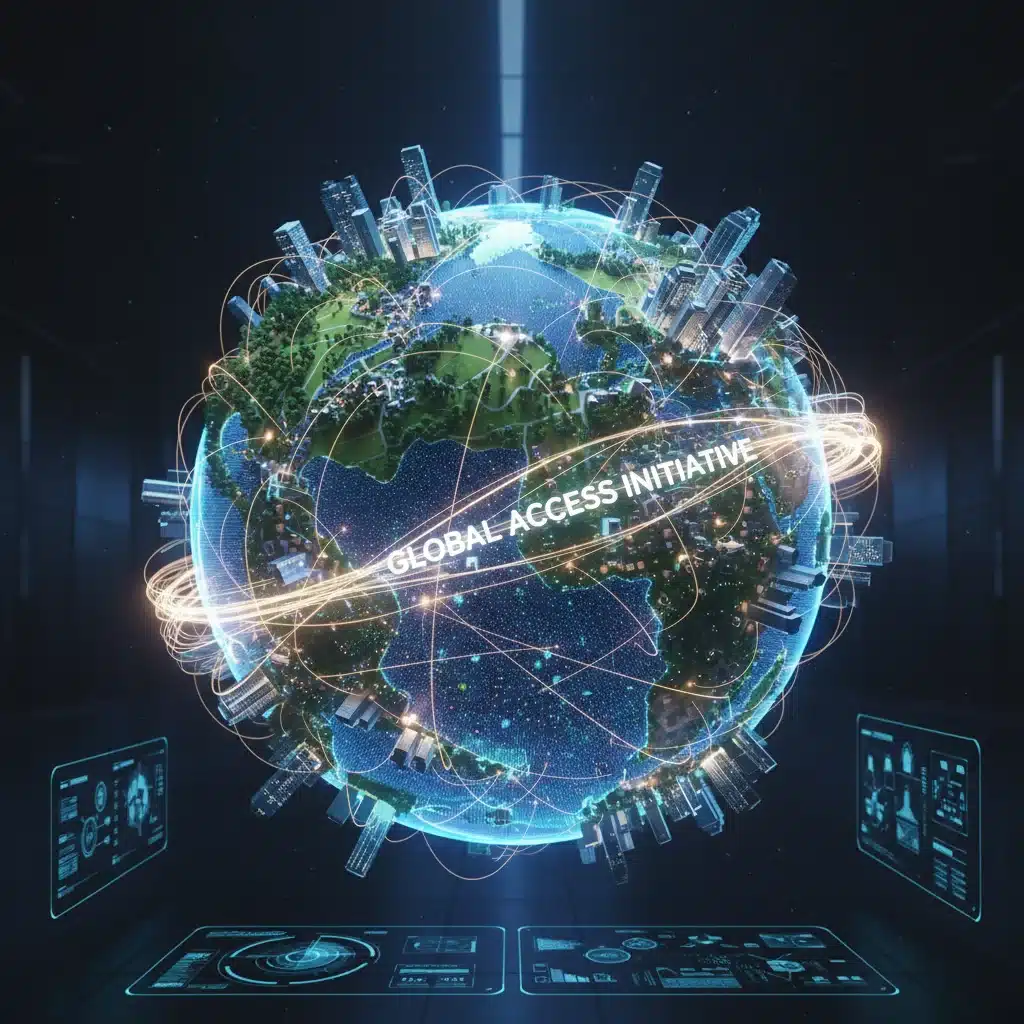 Holographic globe showing digital network connecting urban and rural areas