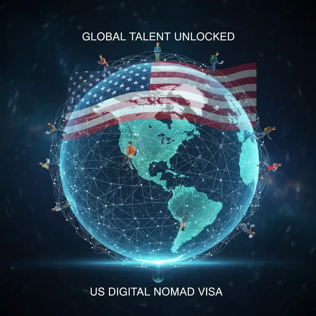 Globe with interconnected lines and American flag, symbolizing global remote work and US visa impact.