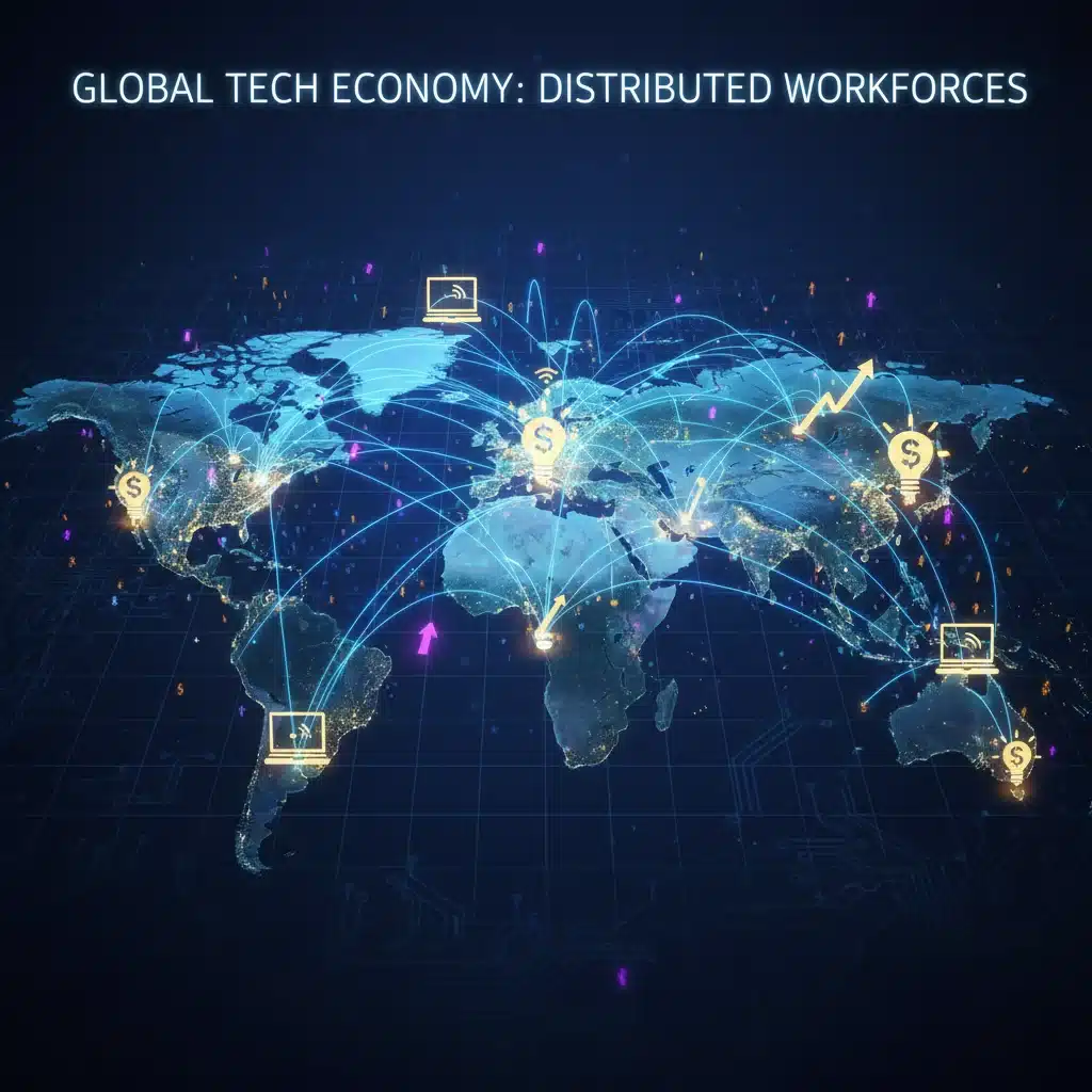 Global network illustrating interconnected tech economy and remote work