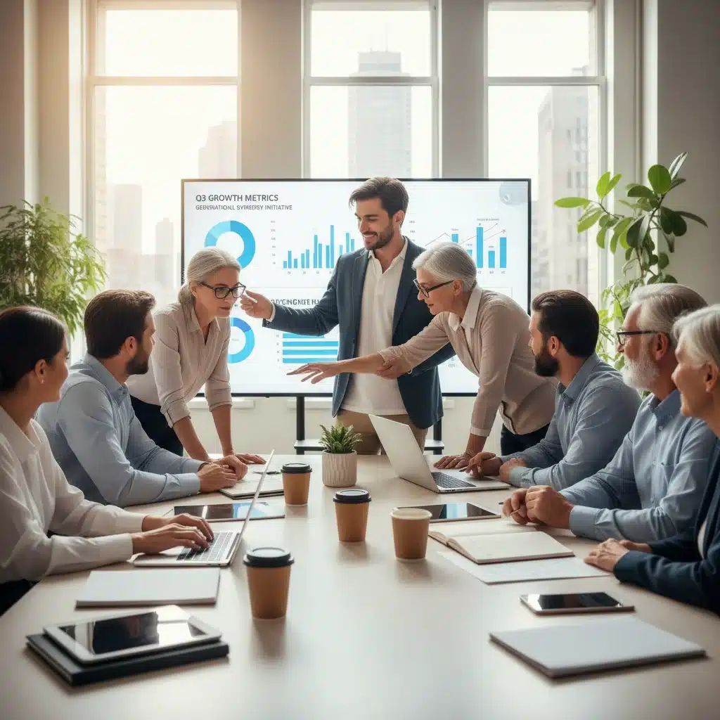 Multi-generational team collaborating effectively in a modern office