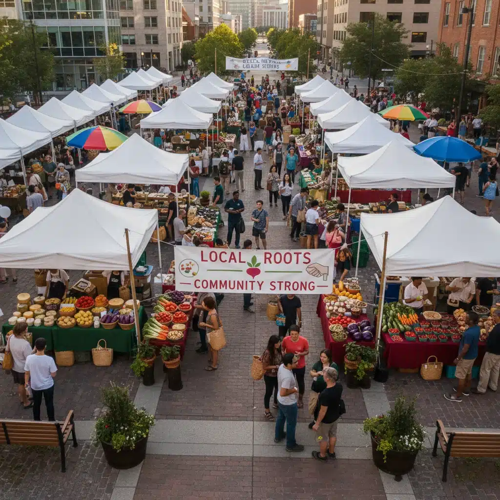 Diverse community engaging at a vibrant local farmer's market