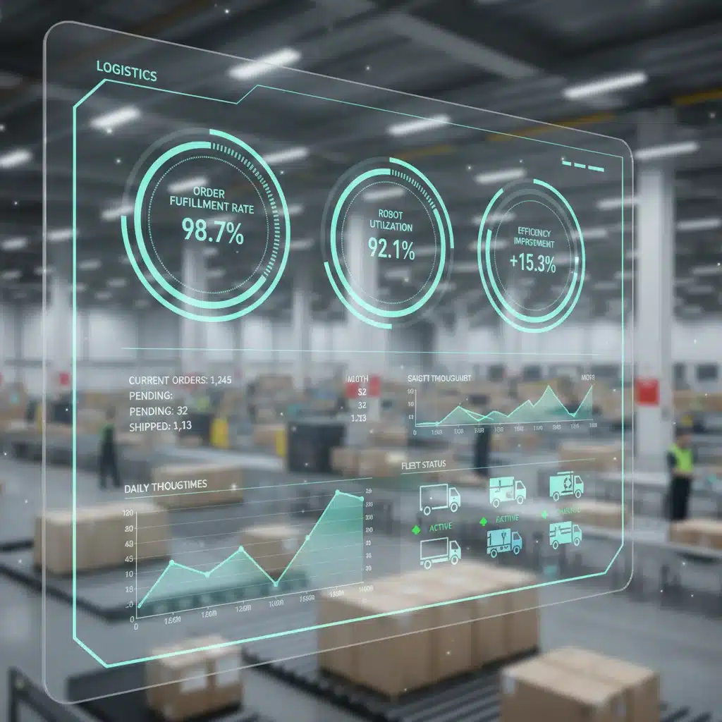 Logistics operations dashboard showing efficiency metrics and robot performance