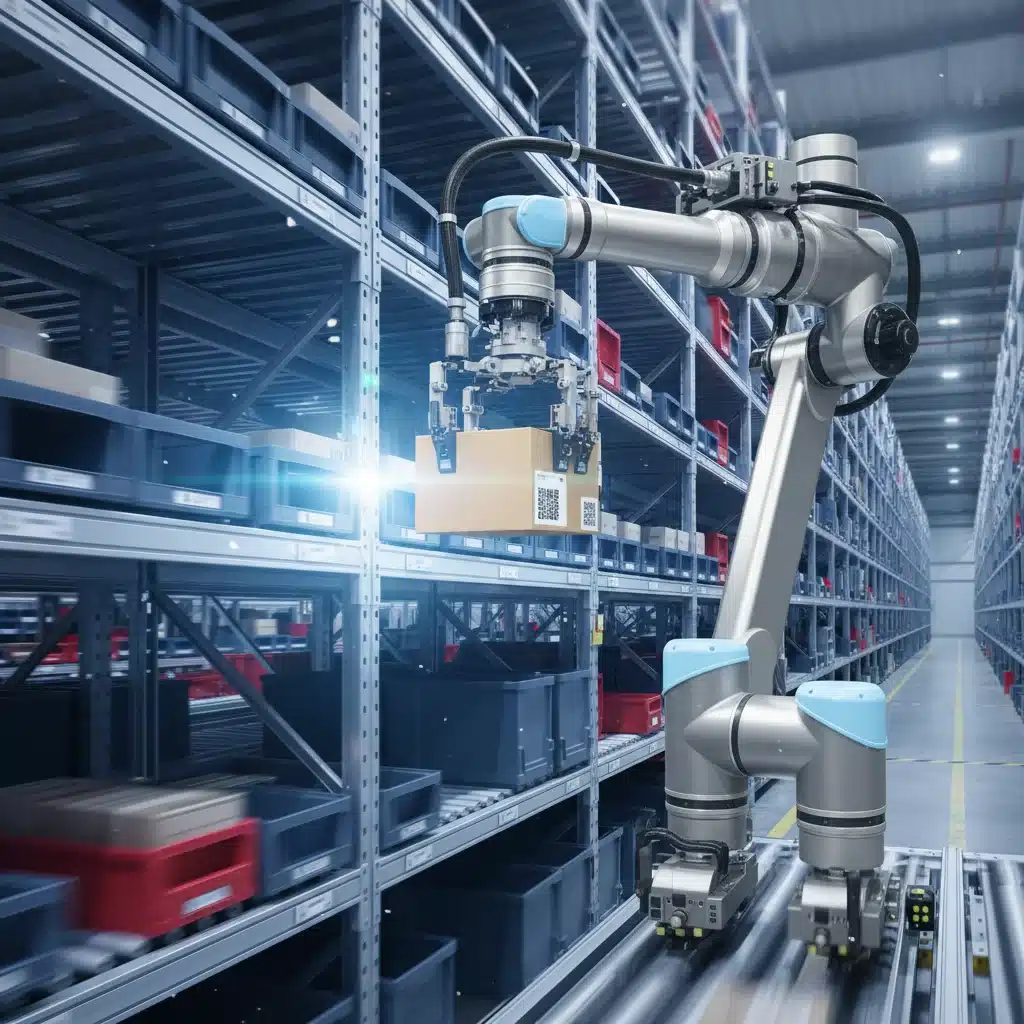 Robotic arm precisely picking items in an automated warehouse
