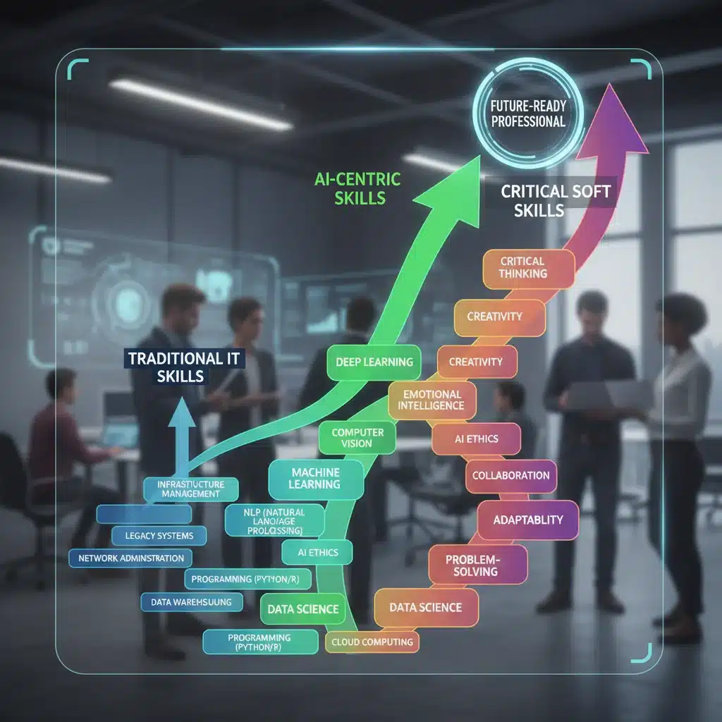 Skills evolution chart showing shift to AI and soft skills