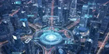 Smart city skyline with IoT network overlays, representing energy efficiency and interconnected urban infrastructure.