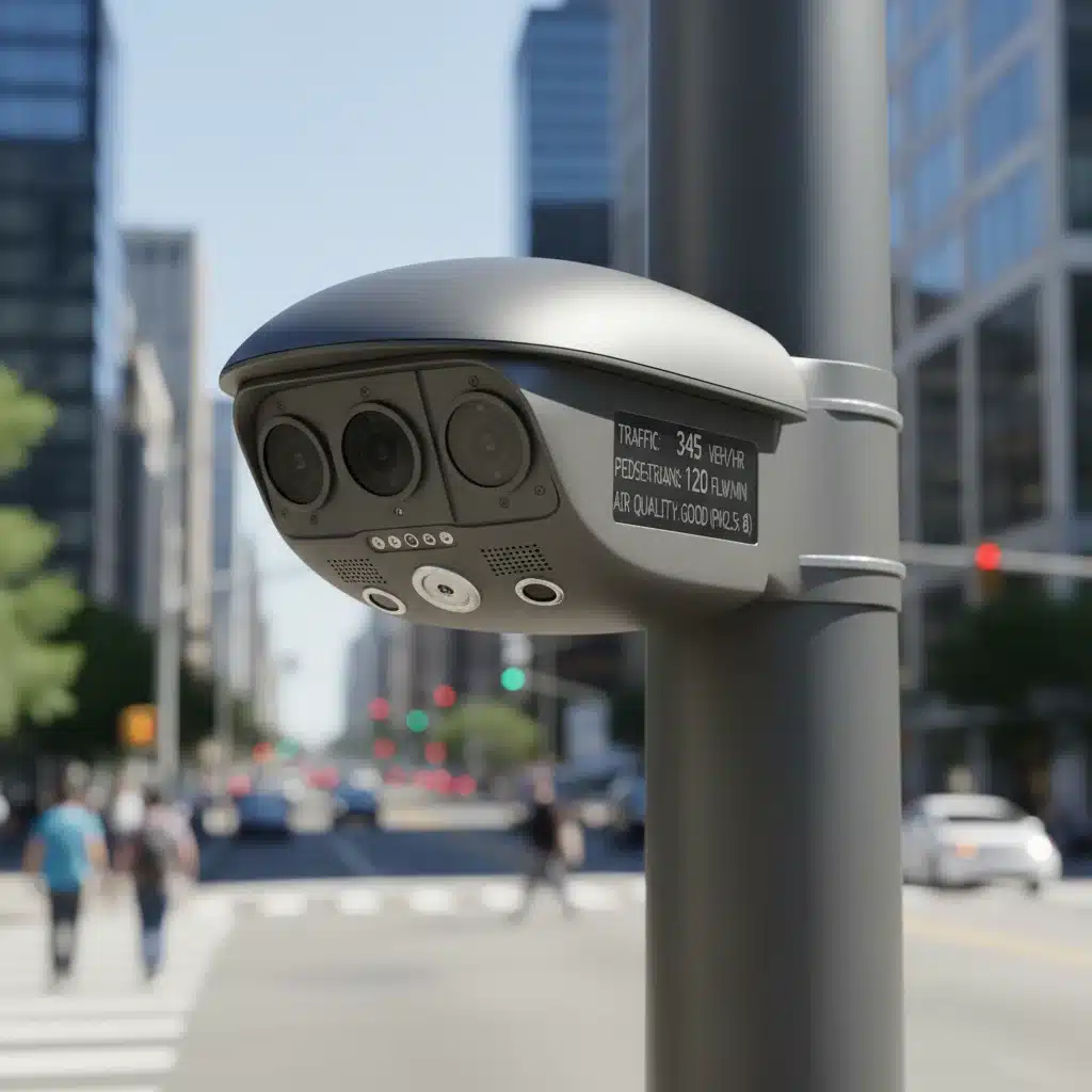 Close-up of a smart streetlight sensor array in an urban environment, demonstrating IoT integration for data collection.