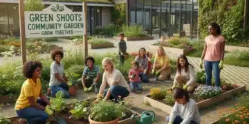 Diverse community members engaged in a sustainable garden project, fostering resident participation.