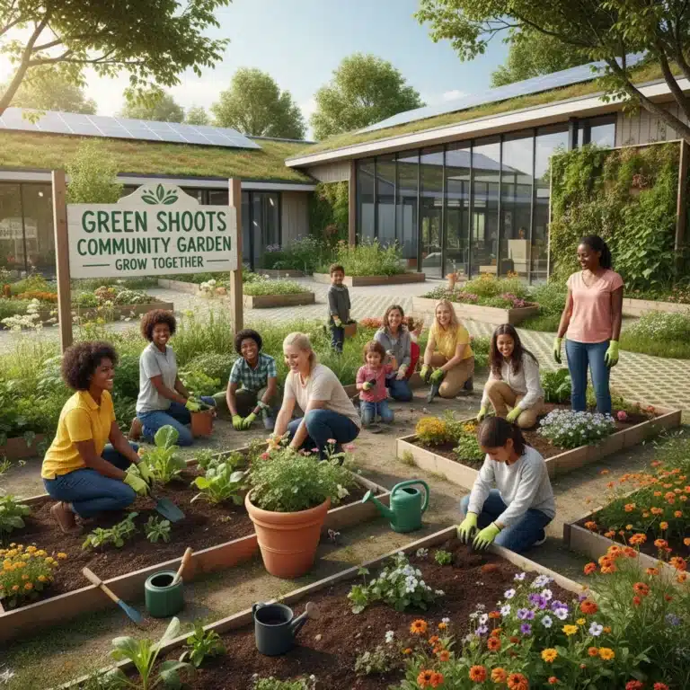 Diverse community members engaged in a sustainable garden project, fostering resident participation.