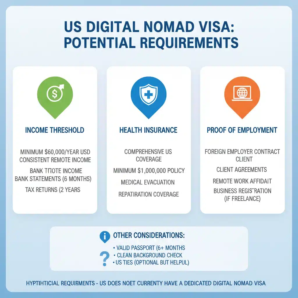 Infographic showing potential US Digital Nomad Visa requirements: income, insurance, remote work.