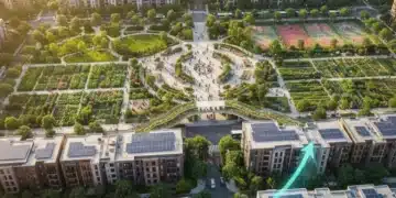 Vibrant community benefiting from 2026 federal grants, showing new infrastructure and social programs.