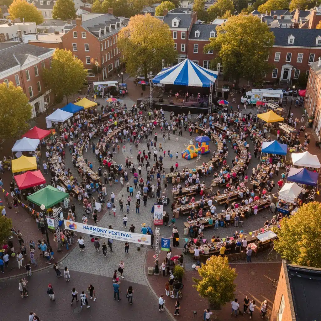 Vibrant community festival in a town square, showcasing successful resident engagement and community activation.