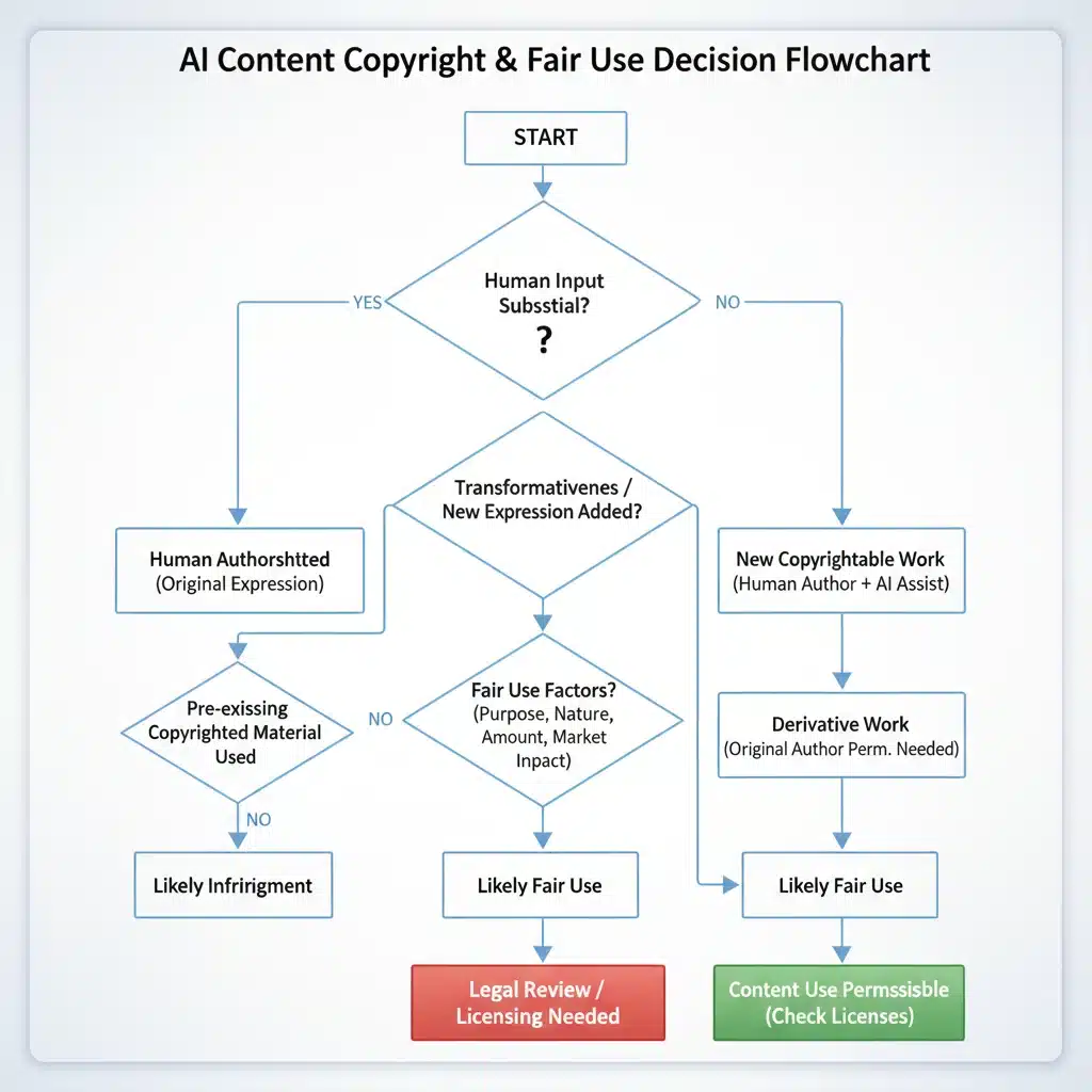 Copyright flowchart for AI-generated content, legal decision-making process
