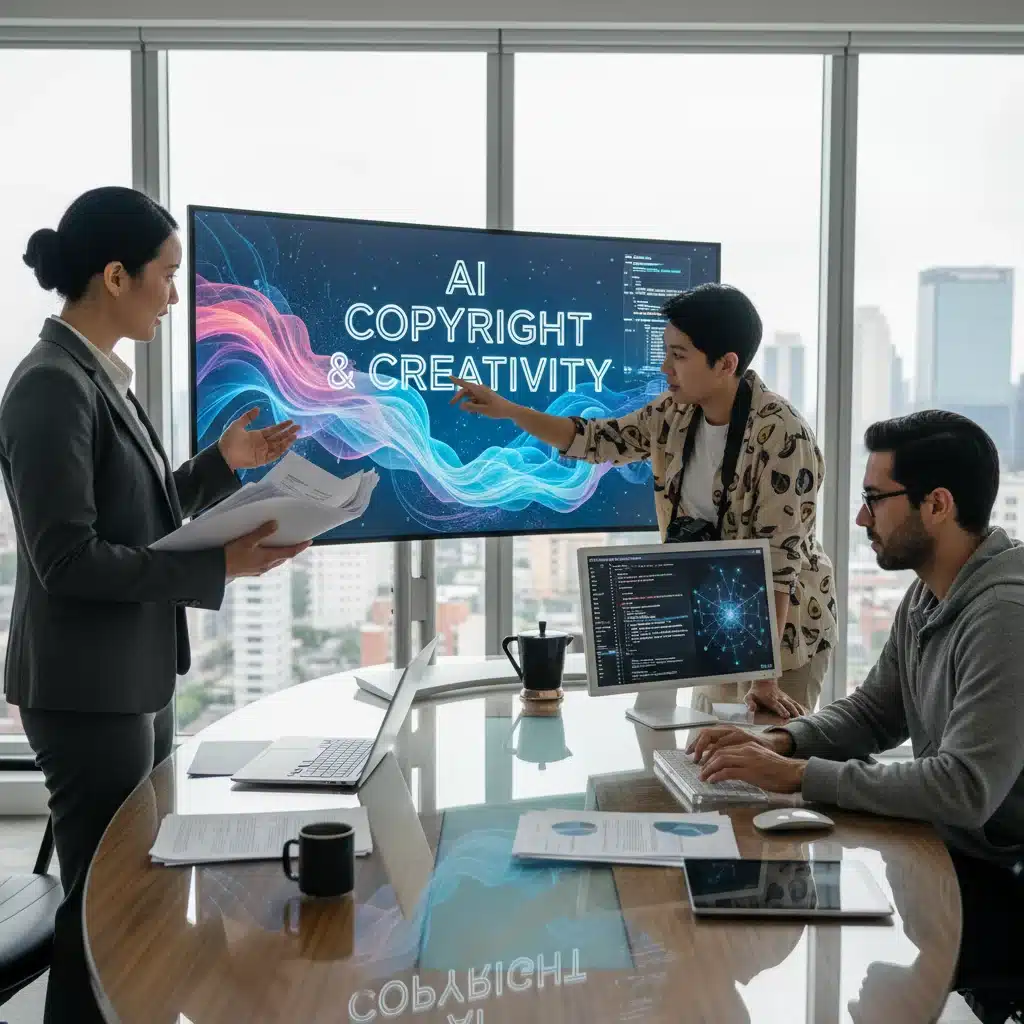 Interdisciplinary team discussing AI copyright and content creation strategies