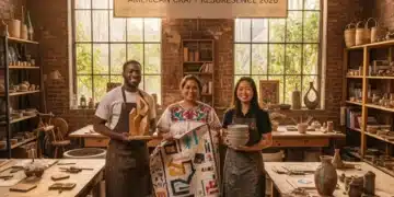 Artisans showcasing traditional American handmade crafts in a workshop setting.