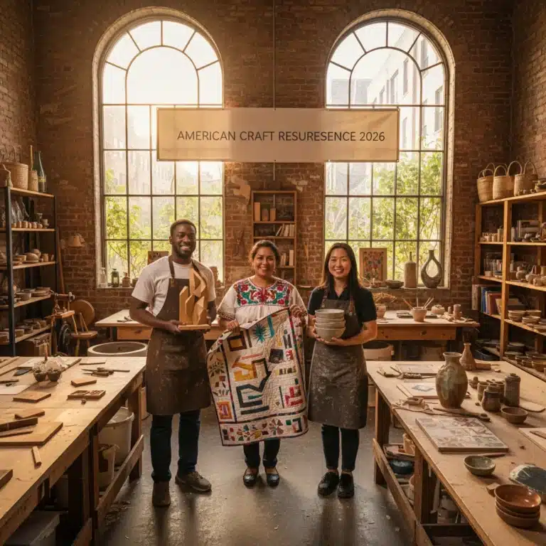 Artisans showcasing traditional American handmade crafts in a workshop setting.