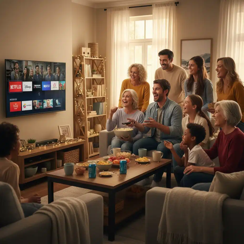 Diverse group watching streaming content together, fostering shared cultural experiences.