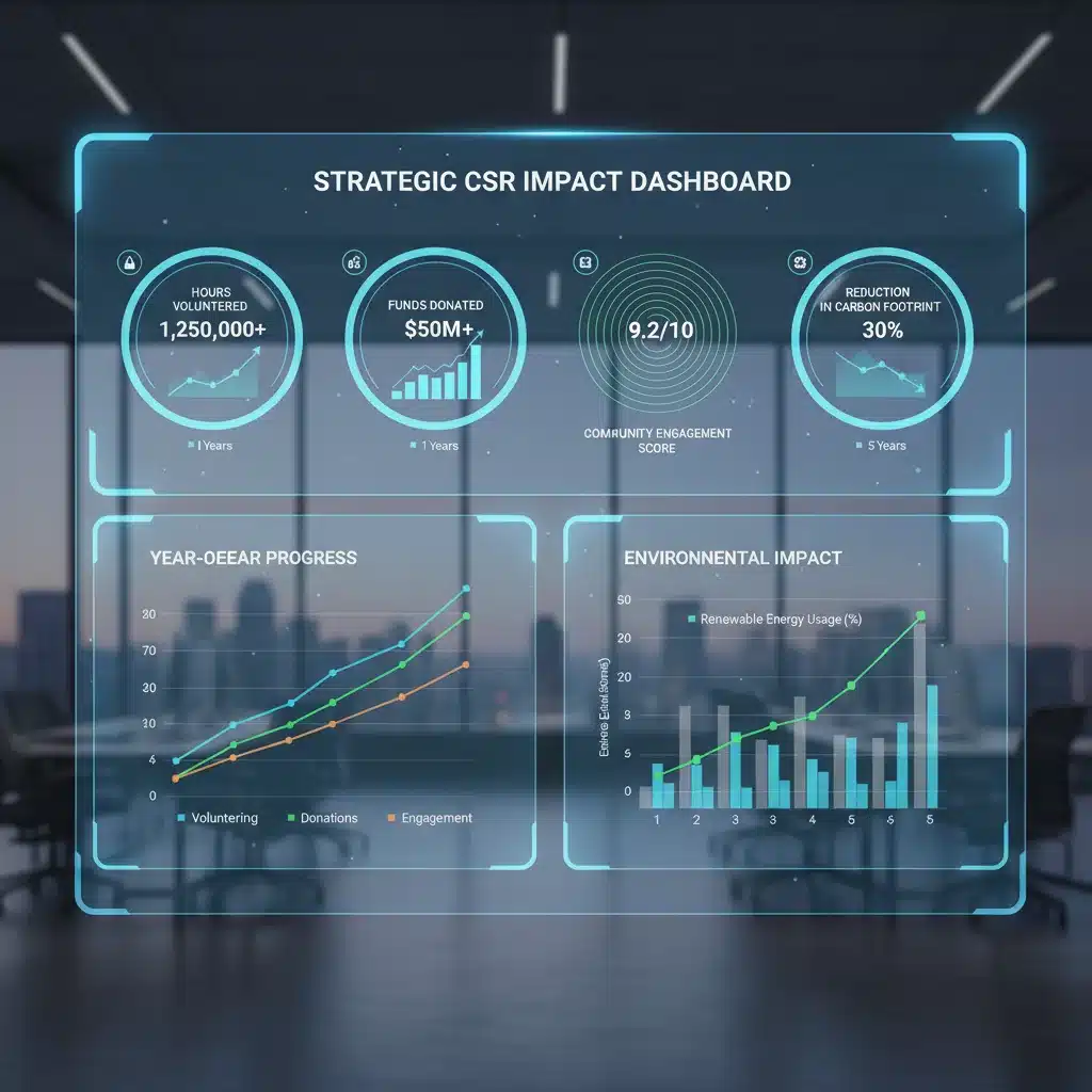 Digital dashboard showing CSR program KPIs and positive impact trends.