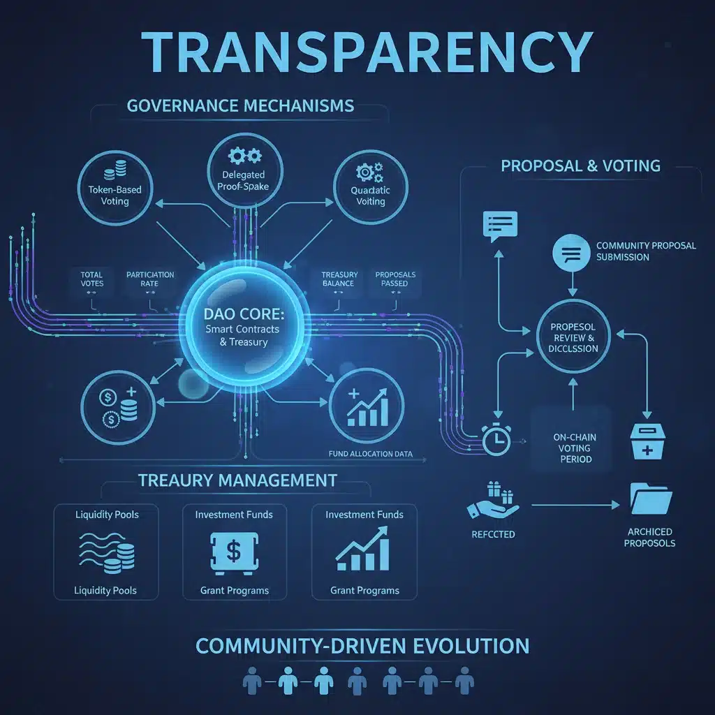 Infographic showing the structure and governance of a Decentralized Autonomous Organization (DAO)