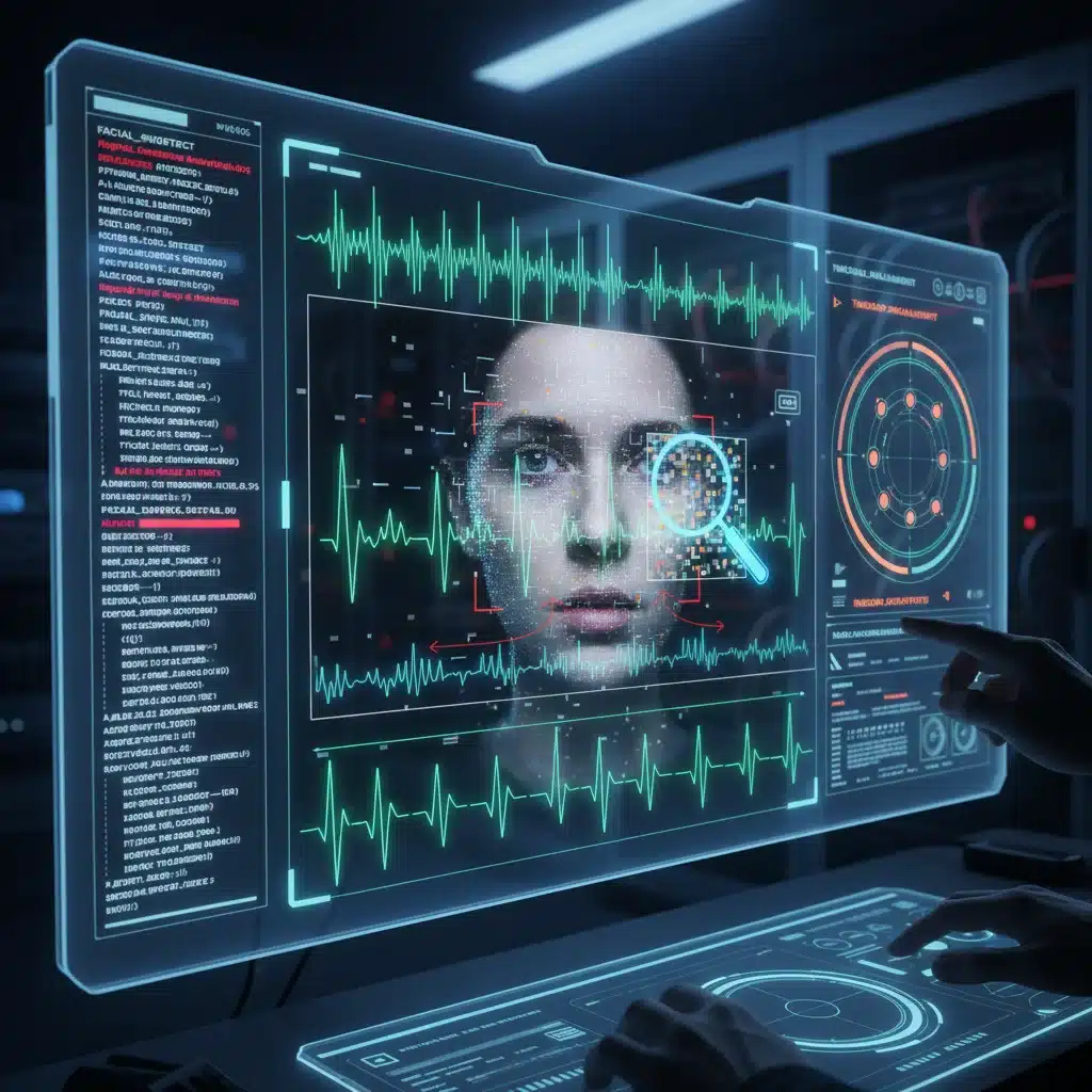Digital forensics tools analyzing a deepfake video for manipulation, showing code and visual inconsistencies.