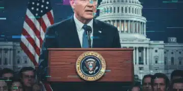 Deepfake technology distorting a political figure's image, symbolizing digital deception in US elections.