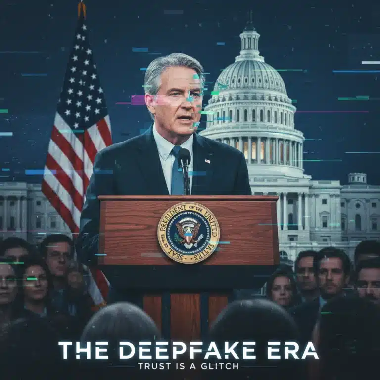 Deepfake technology distorting a political figure's image, symbolizing digital deception in US elections.