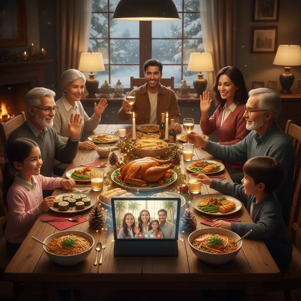 Family using video call to connect with relatives during holiday meal