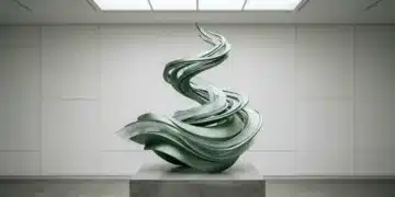 Navigating the New Social Fabric: Emerging Cultural Currents and Their Impact A minimalist matte green aluminum and frosted glass sculpture illustrating complex, flowing cultural currents in a gallery setting.