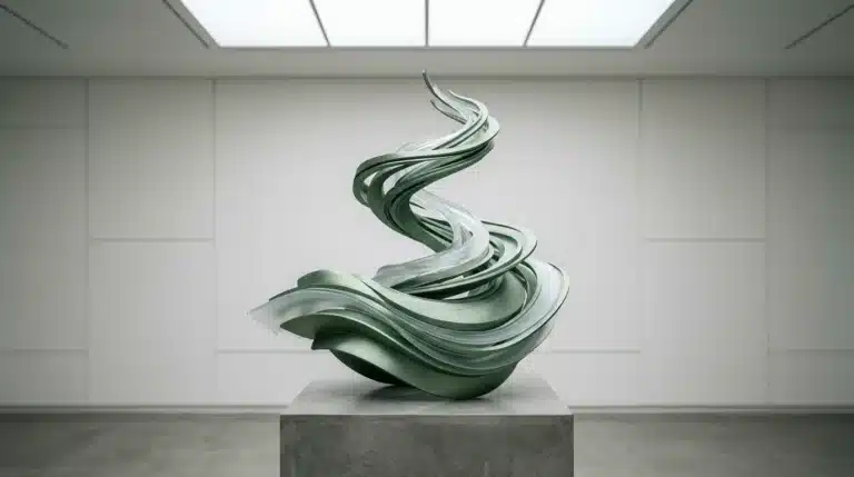 A minimalist matte green aluminum and frosted glass sculpture illustrating complex, flowing cultural currents in a gallery setting.