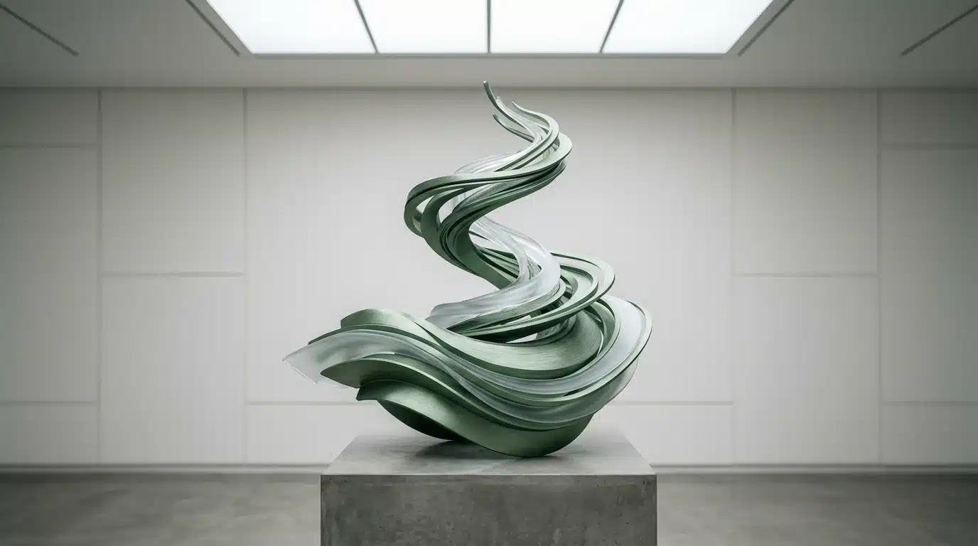 A minimalist matte green aluminum and frosted glass sculpture illustrating complex, flowing cultural currents in a gallery setting.