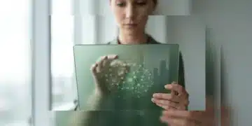 A professional interacts with a translucent green tablet displaying a neural network, symbolizing the hidden algorithms shaping technology's societal impact.
