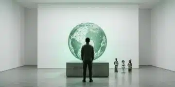 Decoding Tomorrow: Expert Perspectives on Cultural Shifts & Tech Integration A person viewing a glowing, latticed matte green acrylic globe representing global digital communities, with ceramic cultural figurines nearby, set in a minimalist modern space.