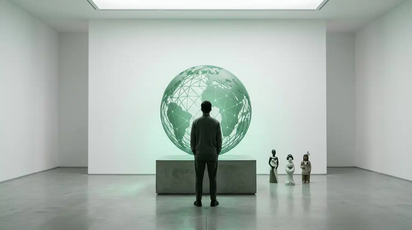 A person viewing a glowing, latticed matte green acrylic globe representing global digital communities, with ceramic cultural figurines nearby, set in a minimalist modern space.