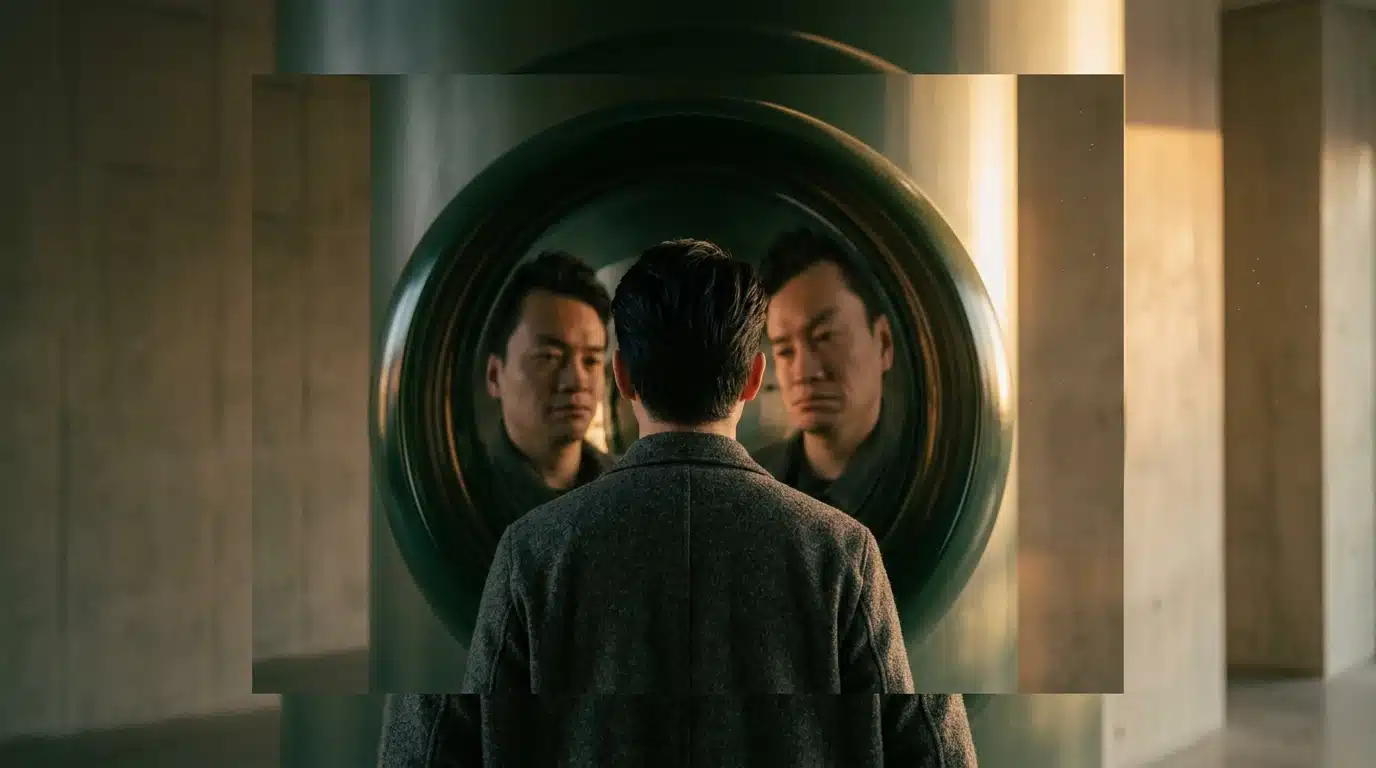 A person observing their distorted reflection in a curved, dark green metallic surface, illustrating cognitive bias in analyzing cultural and technological trends.