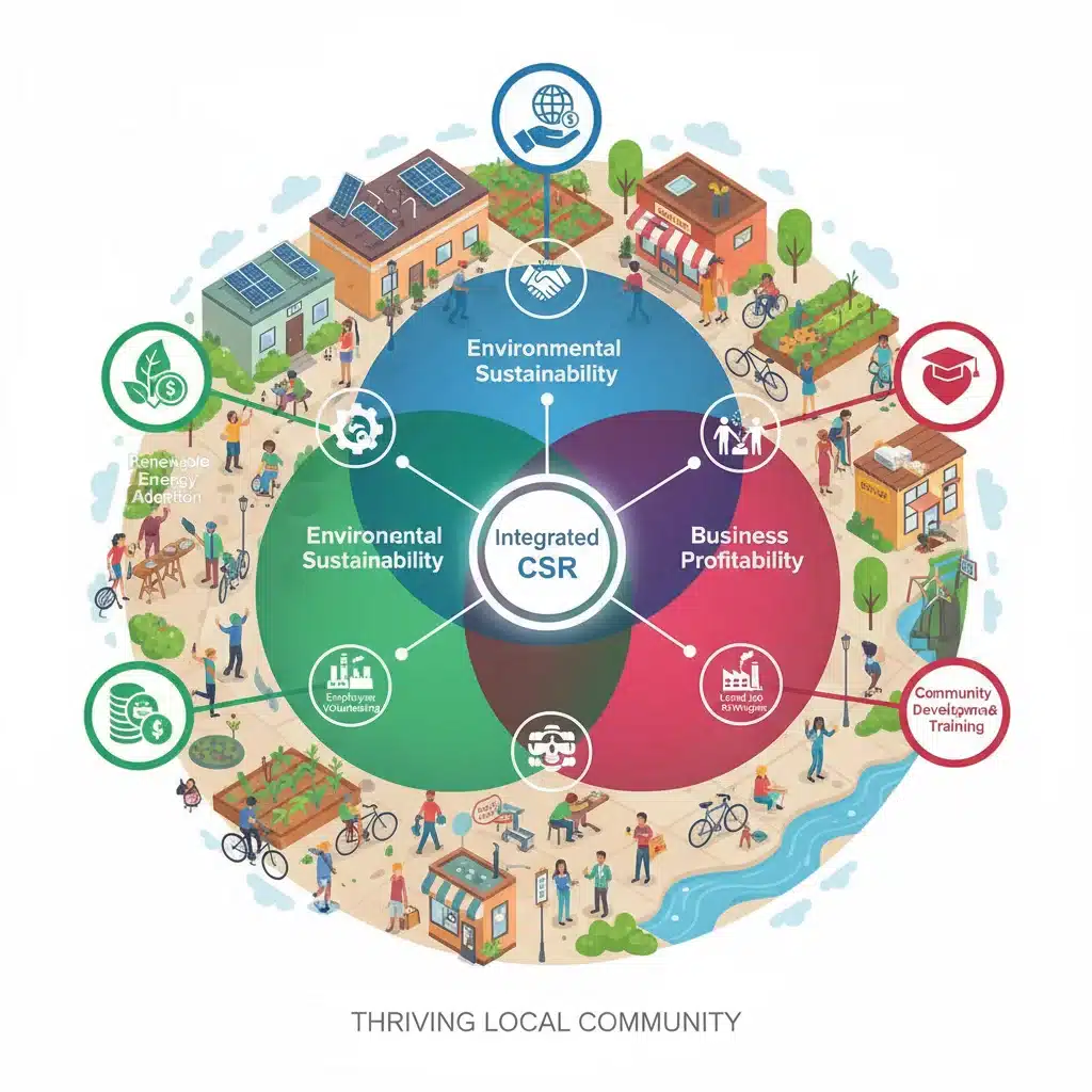 Infographic showing the link between business, environment, and social equity through CSR initiatives.