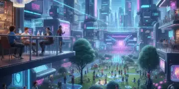 Futuristic metaverse cityscape with avatars socializing