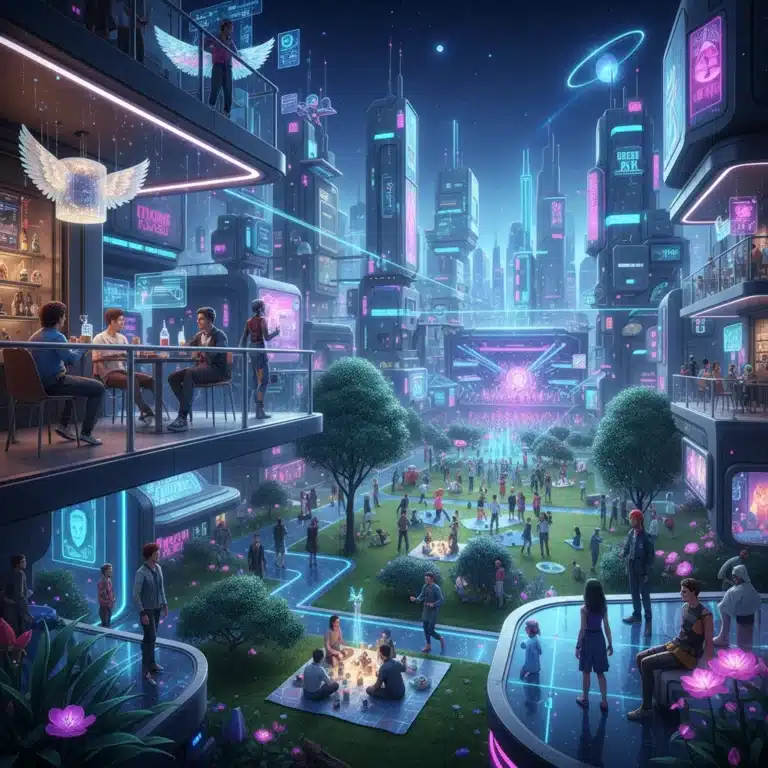 Futuristic metaverse cityscape with avatars socializing