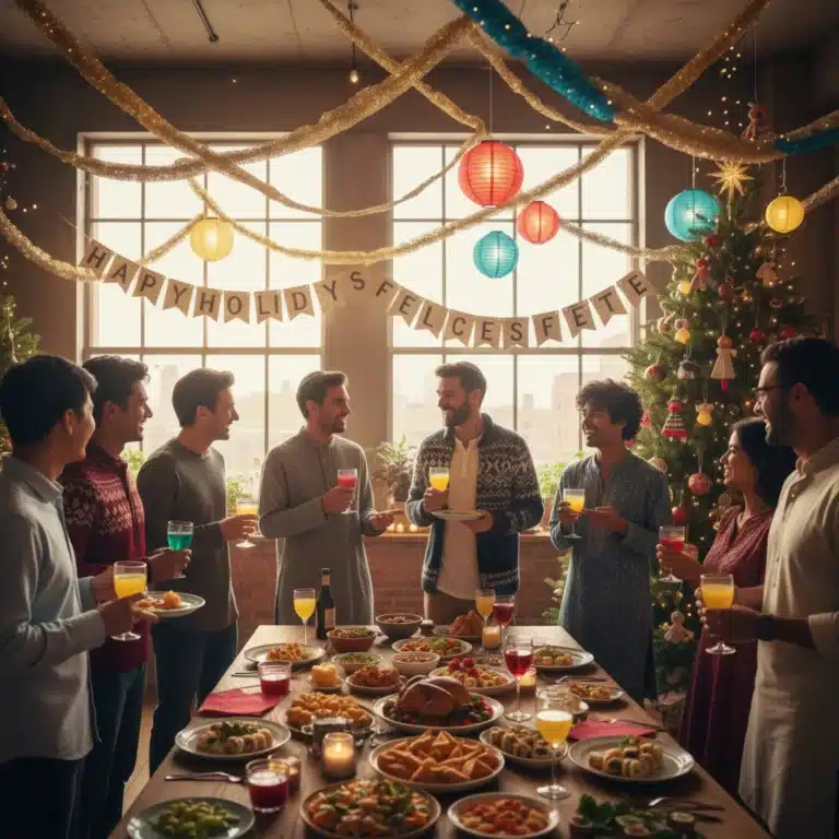 Diverse group celebrating modern American holidays with joy and inclusivity