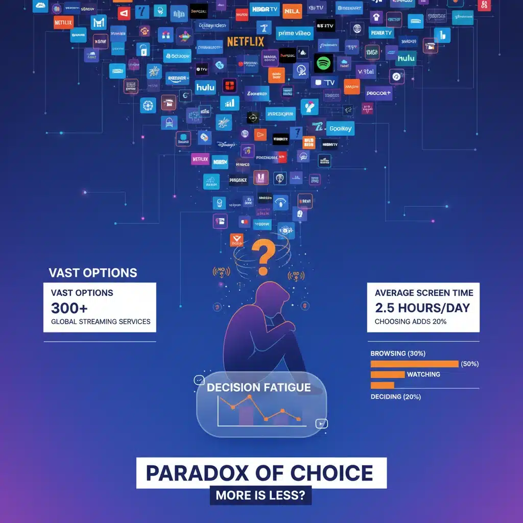 Infographic showing paradox of choice with multiple streaming logos overwhelming a viewer.