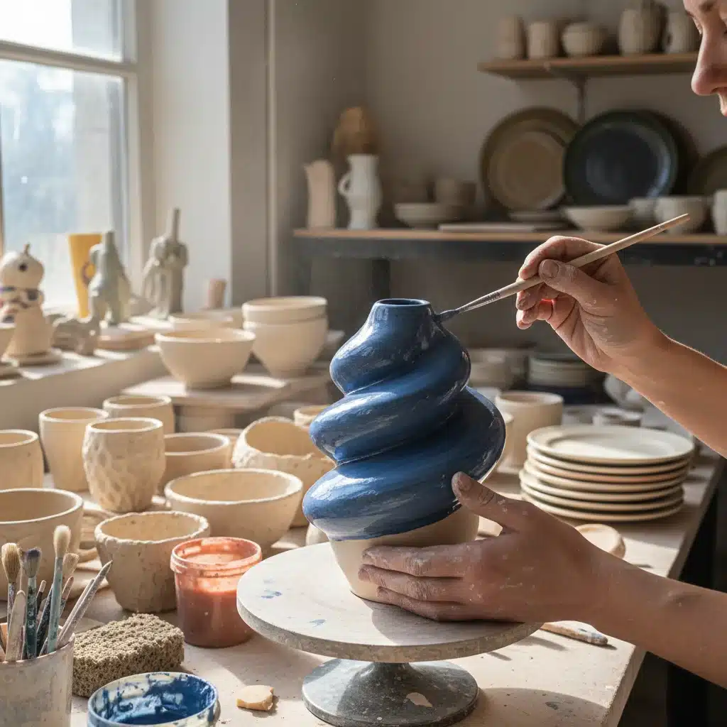 Ceramic artist glazing a handmade pottery piece.
