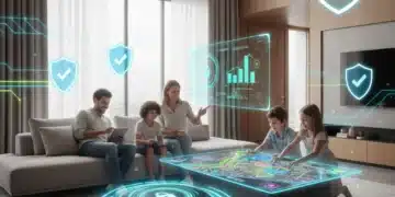 Secure smart home with family interacting safely with devices