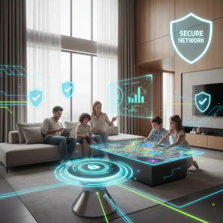 Secure smart home with family interacting safely with devices