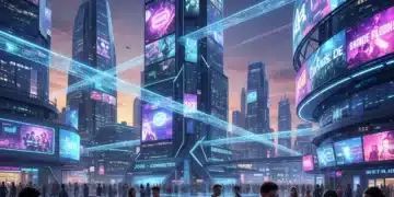 Futuristic cityscape with digital streams symbolizing streaming culture in 2026, diverse people engaging with screens.