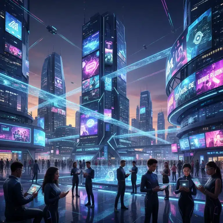 Futuristic cityscape with digital streams symbolizing streaming culture in 2026, diverse people engaging with screens.