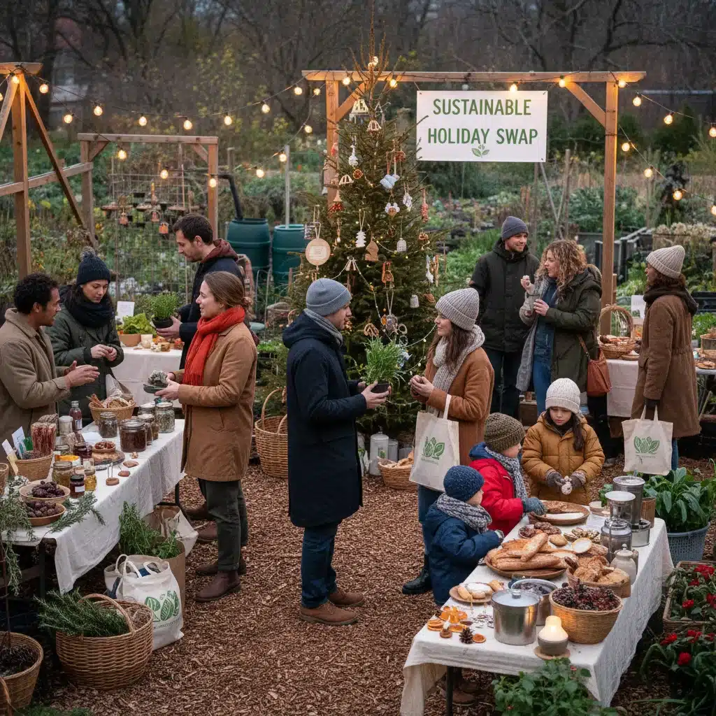 Community engaging in sustainable holiday practices at a local market